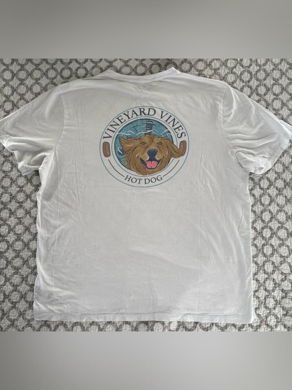 Vineyard Vines White Tee with Brown Dog 'Hot Dog' Graphic and Blue Accents